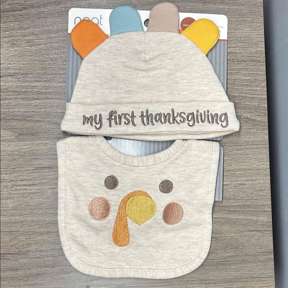🔴 Baby Thanksgiving Bib and Hat Set - Cream, Brown, Orange
